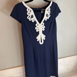 Eliza J Navy Dress with White Embroidered V-Neck Detail